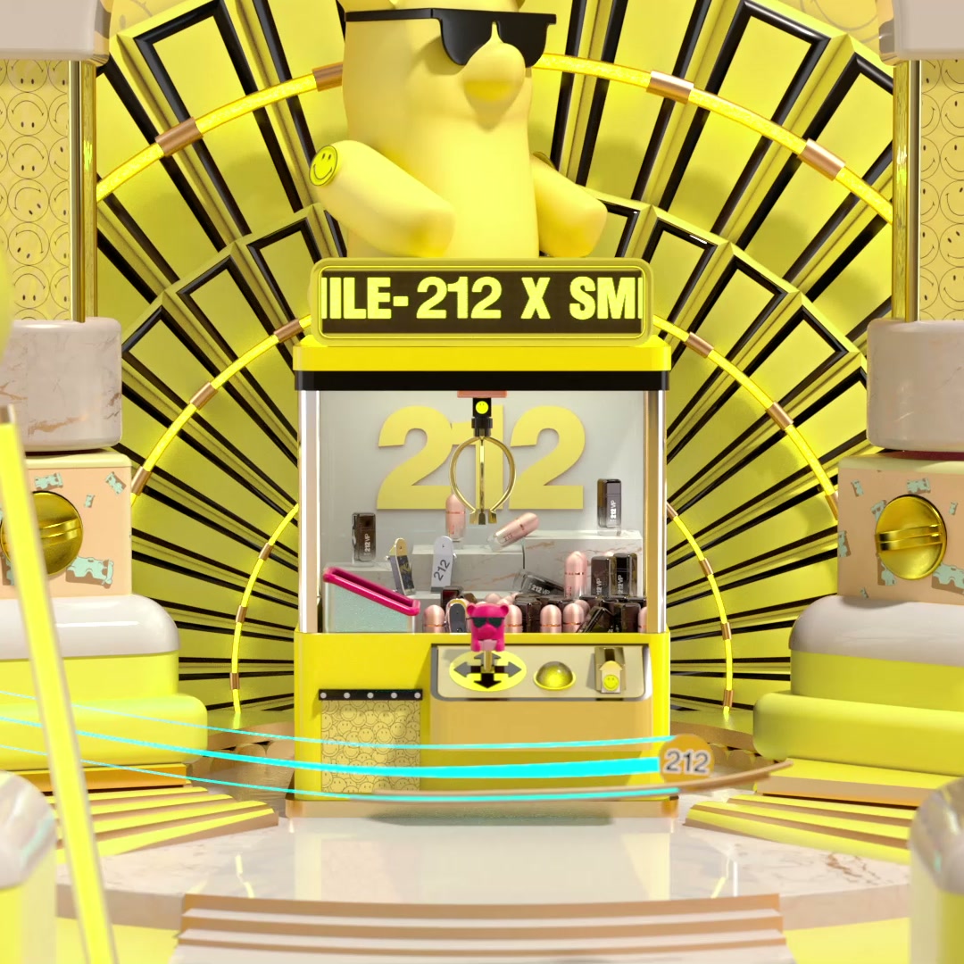 A yellow claw machine under a 212 sign, a yellow bear in sunglasses above it and gold rays behind.