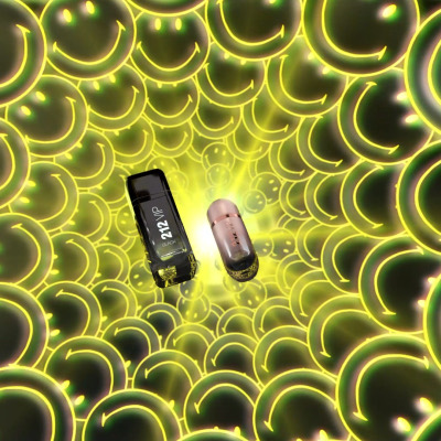 A black and a rose gold 212 VIP bottle at the centre of a tunnel of glowing yellow smiley faces.
