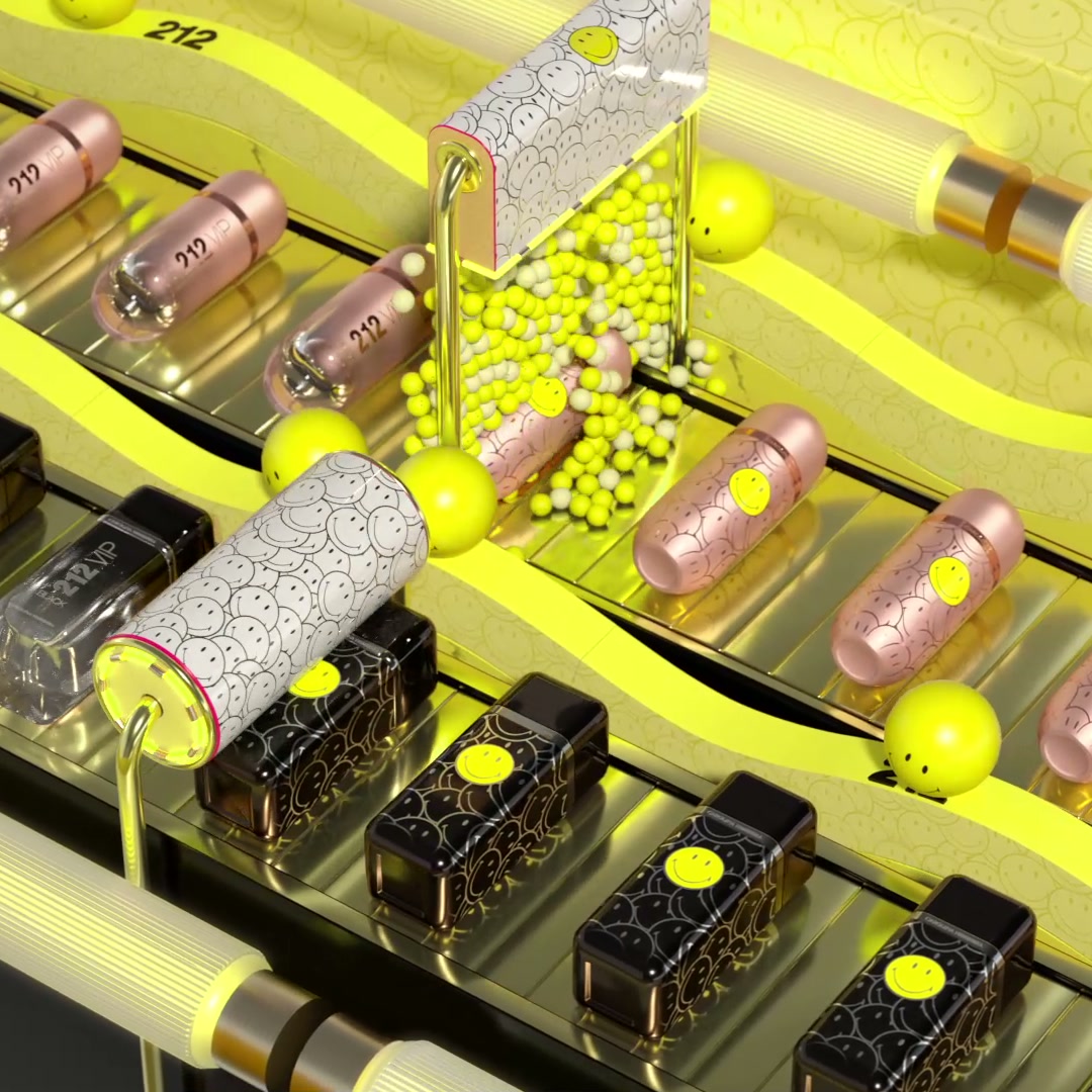 Bottles moving along a conveyor with yellow spheres pouring into a hopper above them.