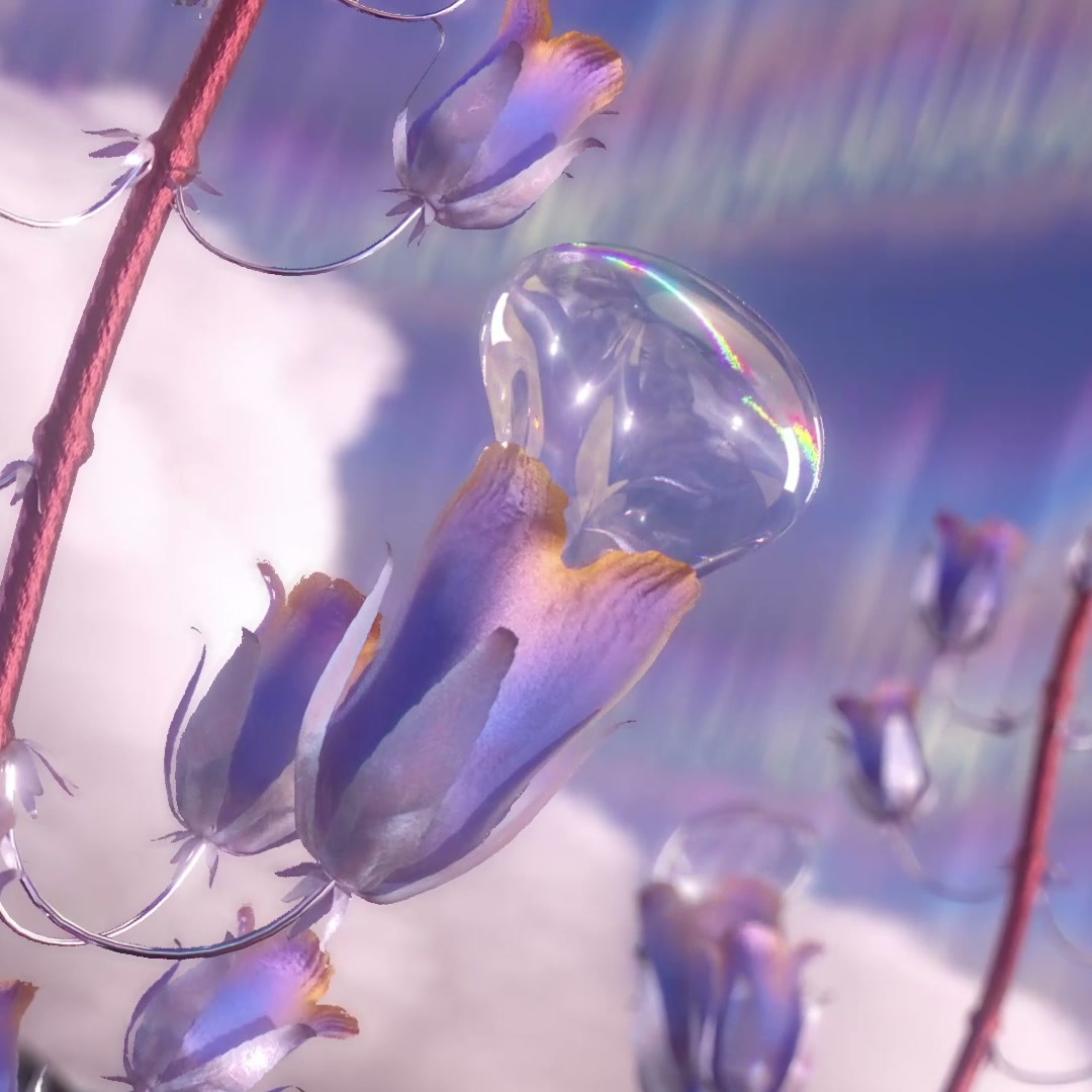 Glass flower buds on pink stems against a pale sky streaked with iridescent colour.