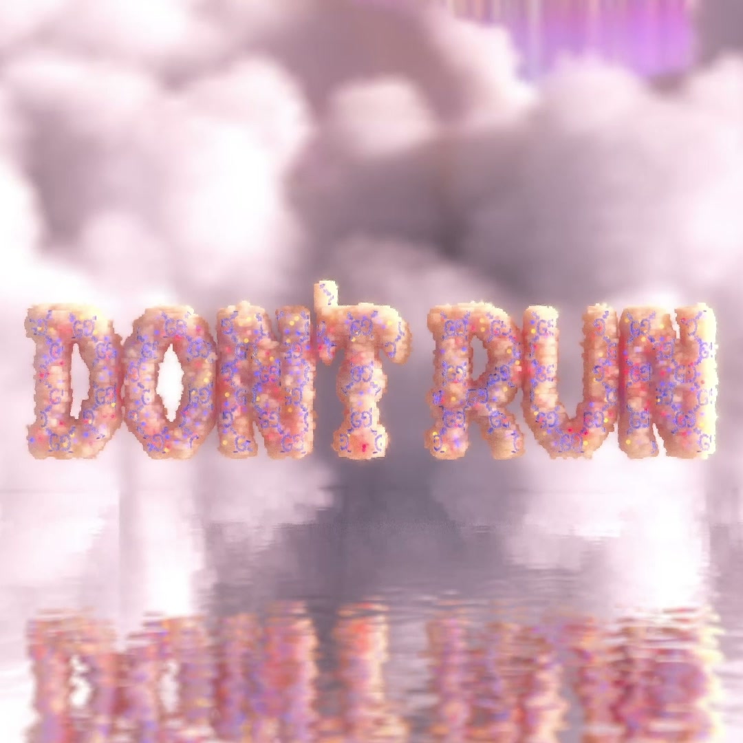The words DON'T RUN built from pink and orange beaded texture, reflected in water below.