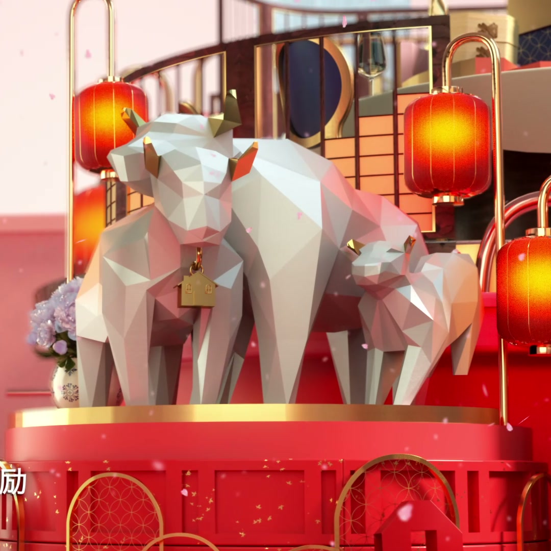 Three white faceted oxen on a red platform beneath hanging red lanterns.