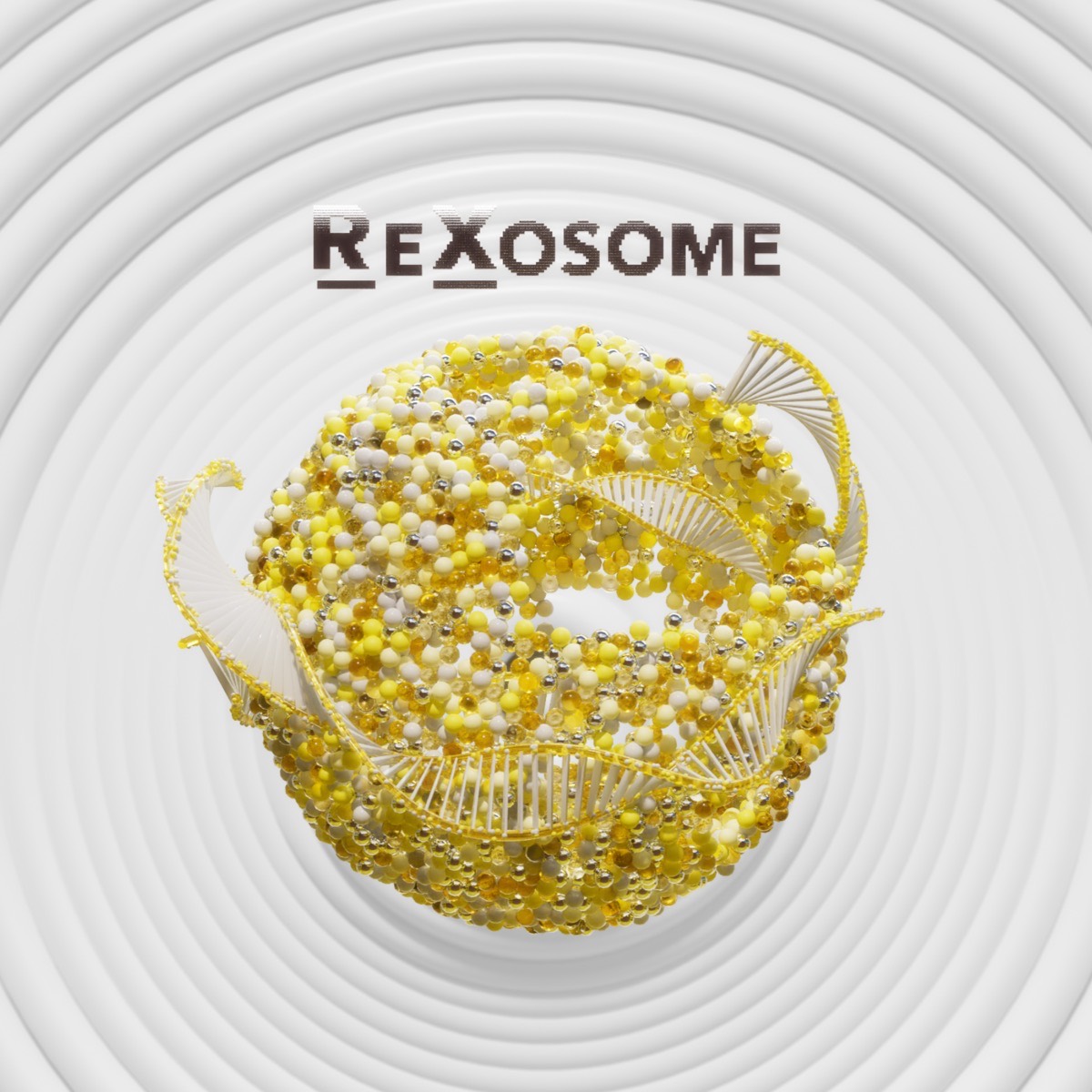 The bead and helix molecule centred on concentric white ridges with the name above it.