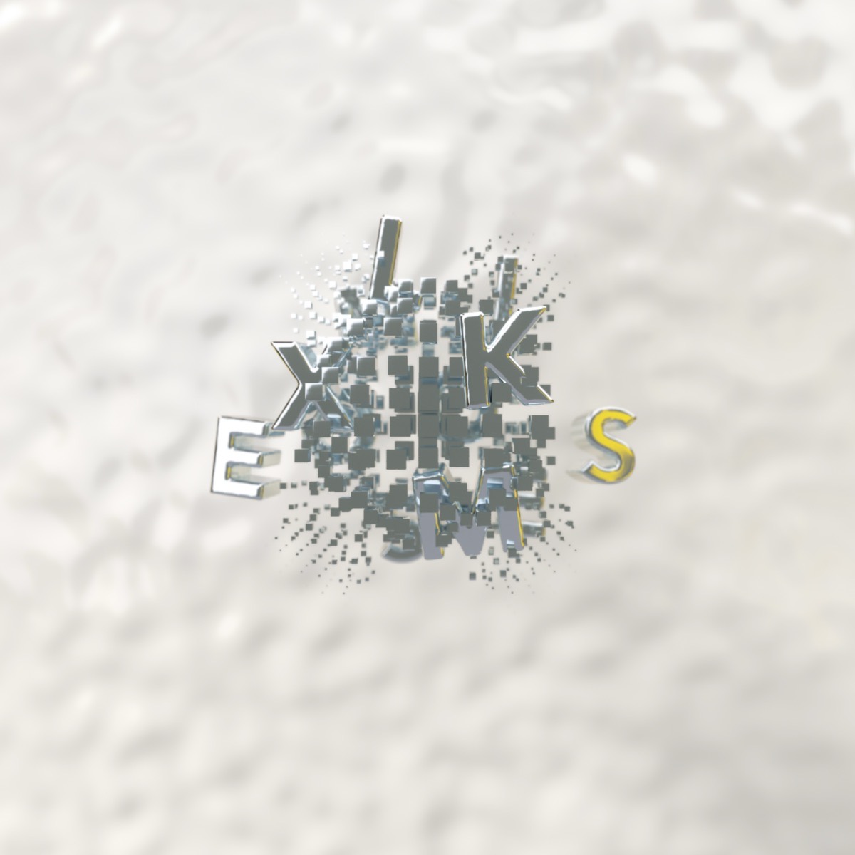 Chrome letters breaking apart into small cubes over a rippled white surface.