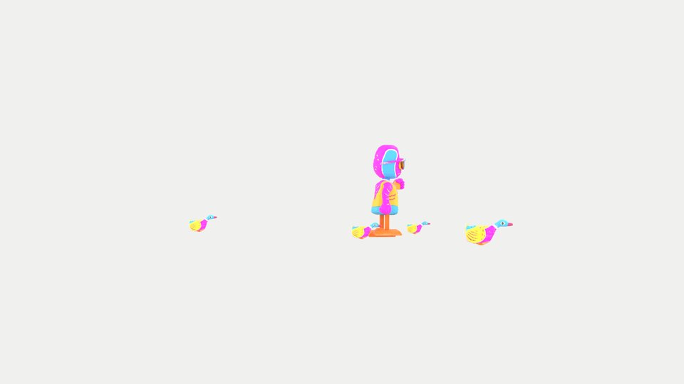 A child in a cap and sunglasses standing on a platform, with pull-along toy ducks on wheels rolling around them.