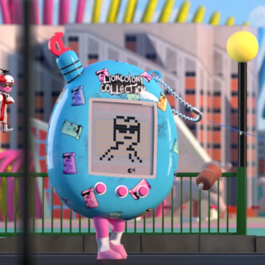 A Tamagotchi the size of a person, a pixel character on its screen and a Lioncolony Collection sticker across its blue shell.