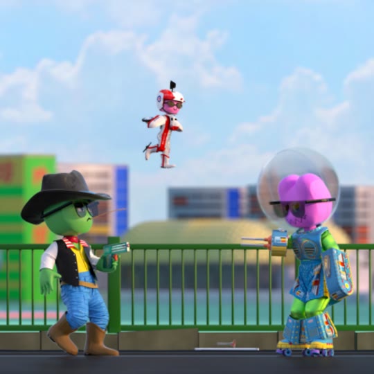 A green crocodile in a cowboy hat and waistcoat facing a figure in a bubble helmet and patterned suit.