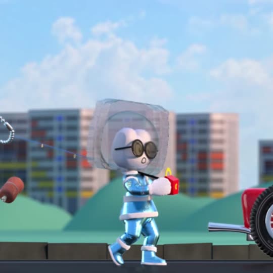 A figure walking in a blue and white suit, wearing a square transparent helmet over dark round sunglasses.
