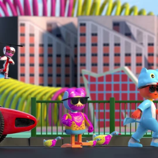 A magenta bird in sunglasses and a patterned dress, standing on bright orange feet.