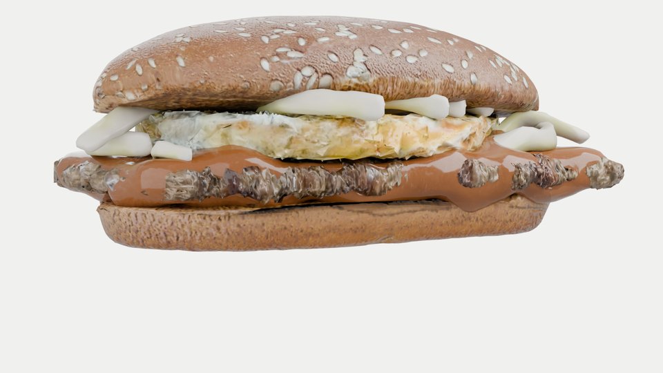 The Prosperity Burger modelled in 3D: a sesame seed bun over a fried egg, onion, sauce and the patty.