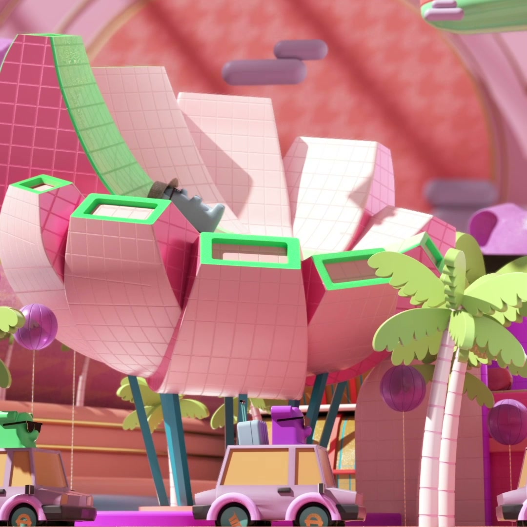 The square cut: the candy resort seen wide, towers centred.